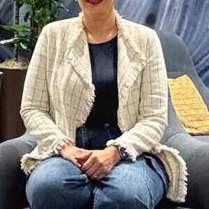 E’tophe Studios White Plaid Fringe Open Front Blazer Sz M